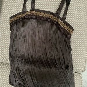 Brown crinkle camisole with gold lame embroidered border.